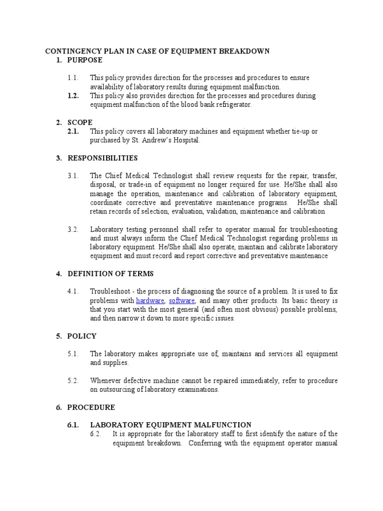 Sah Contingency Plan in Case of Equipment Breakdown PDF Troubleshooting Calibration