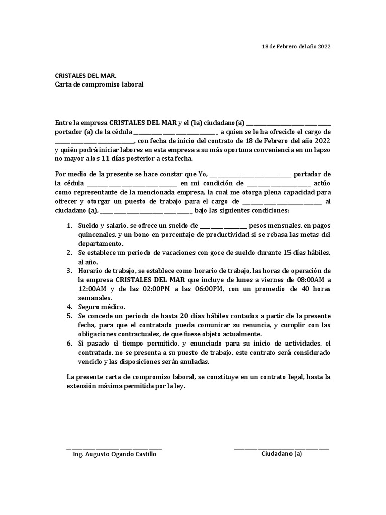 Carta de Compromiso Laboral 2022 | PDF | Finanzas y dinero