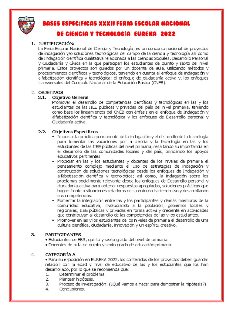 Bases de la Feria Escolar Eureka 2022 | PDF | Educación primaria | Plan ...