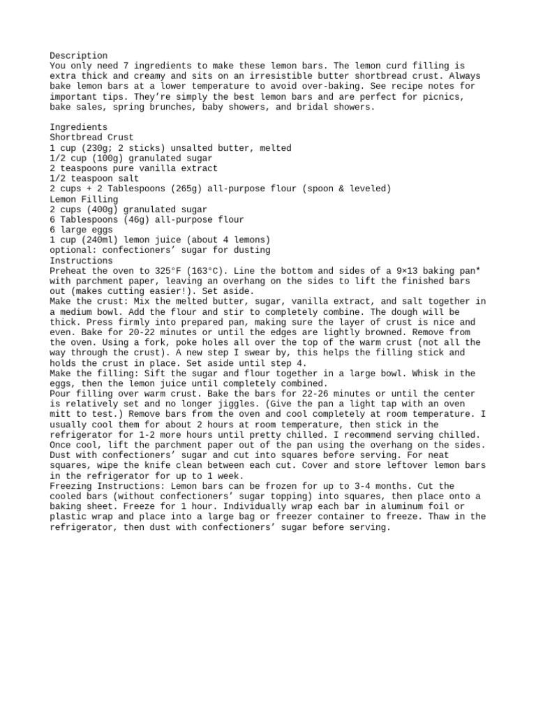 Lemon Bars Recipe PDF Breads Refrigerator