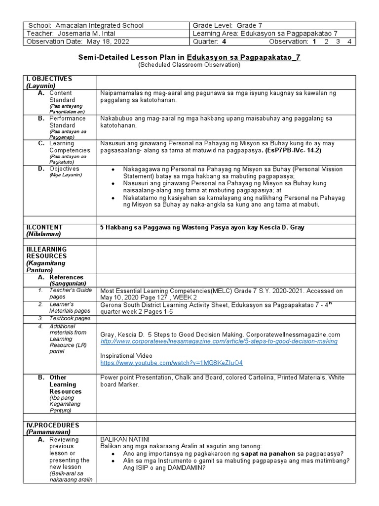 Template 3 Semi Detailed Lesson Plan Template | PDF