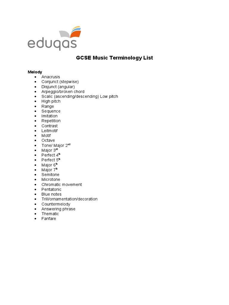 GCSE Music Terminology List Melody PDF Chord (Music) Tempo