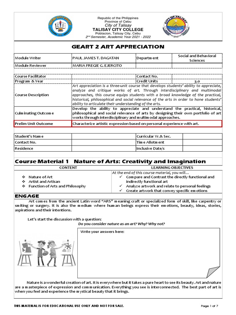 Talisay City College Art Appreciation Course | PDF | Psychotherapy ...