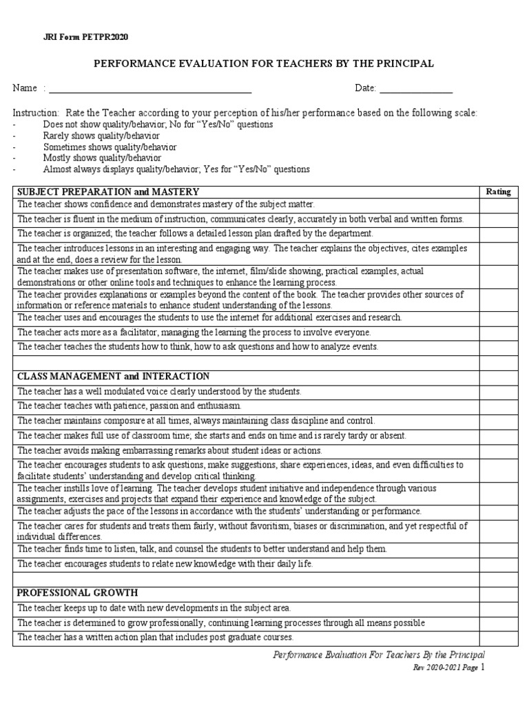 2020 2021 Performance Evaluation Forms | PDF | Teachers | Lesson Plan