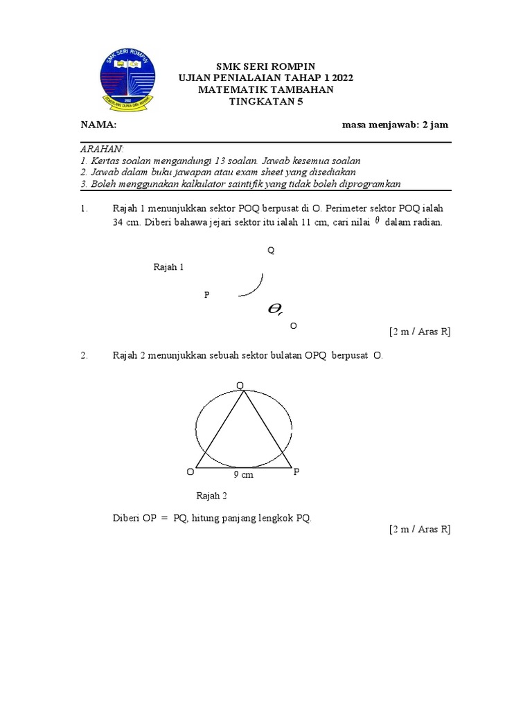 Soalan Ujian 1 f5 2022 Addmath | PDF