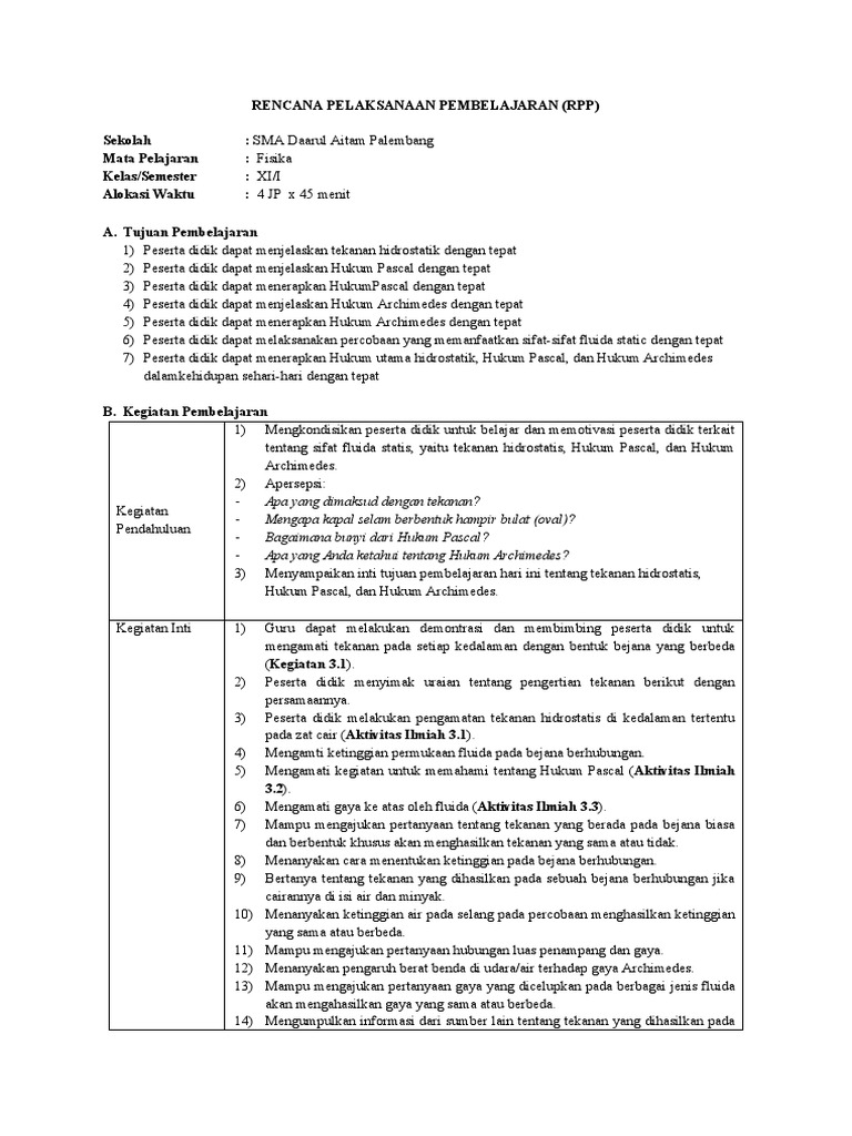 RPP Fisika Kelas XI: Fluida Statis | PDF