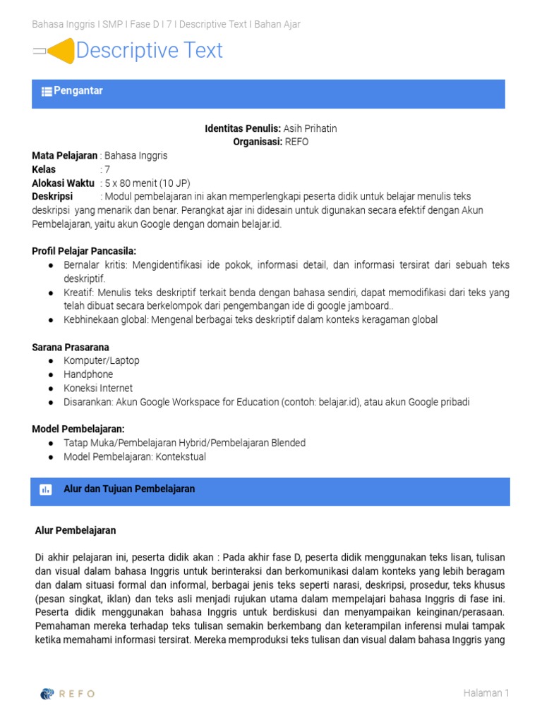 Modul Descriptive Text Kelas 7 | PDF | Karier & Perkembangan