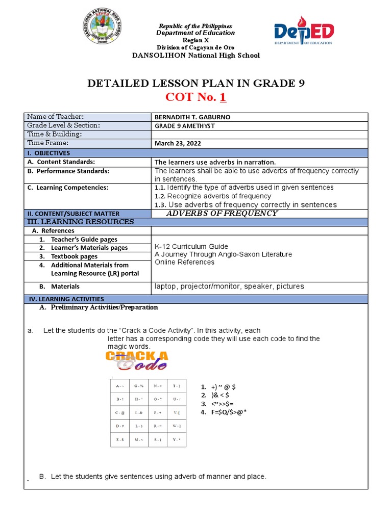 Grade 9 Detailed Lesson Plan: Adverbs | PDF | Teachers | Learning