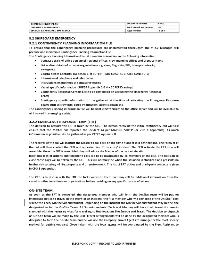 Shipboard Emergency Contingency Plan | PDF | Emergency | Information