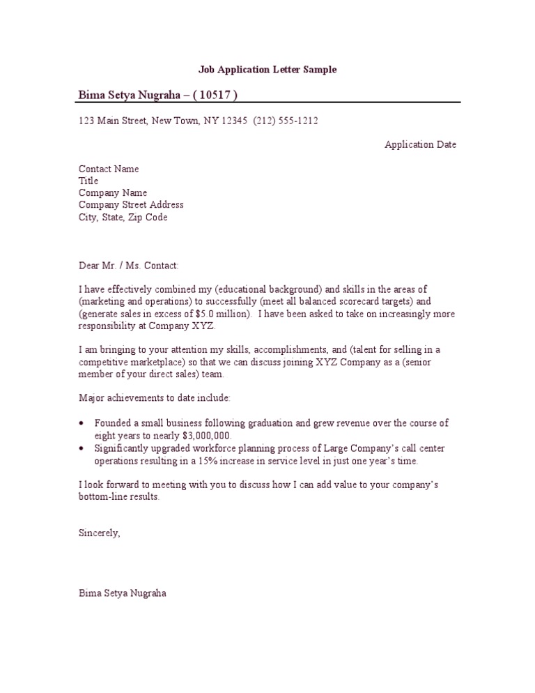 sample application letter for applying a job