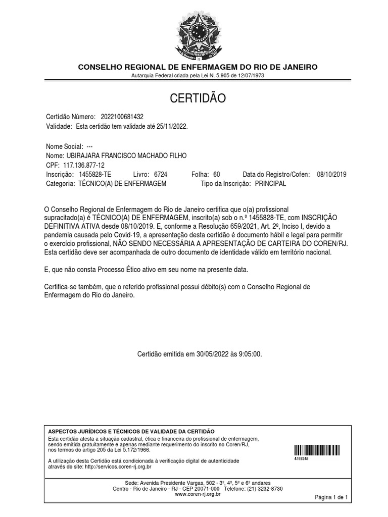 Certidão De Enfermagem Coren Rj Pdf
