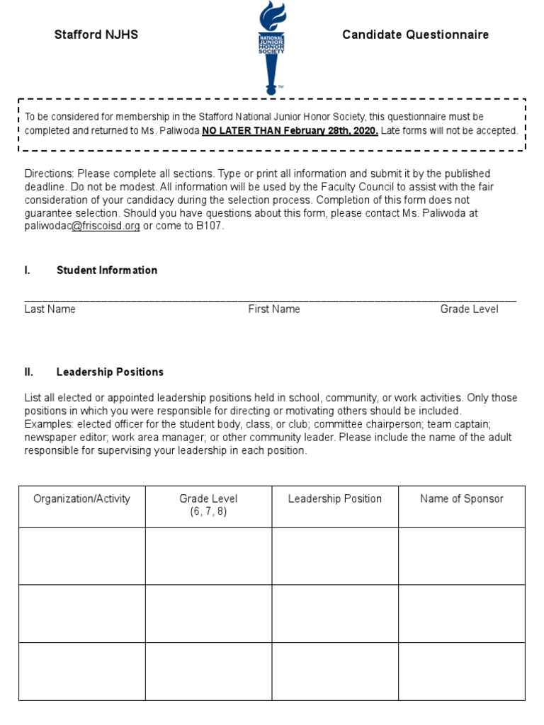 Stafford NJHS Candidate Questionnaire 2025 | PDF | Leadership