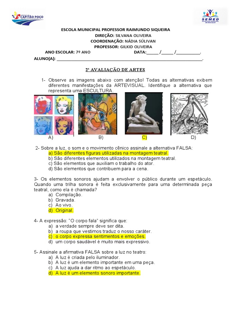 Avaliação - de - Artes. 7 Ano | PDF