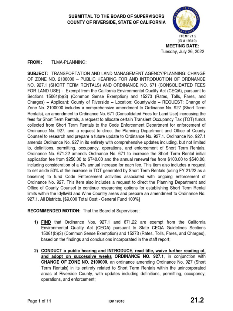 Riverside County Staff Report On Short-Term Rental Ordinance | PDF ...