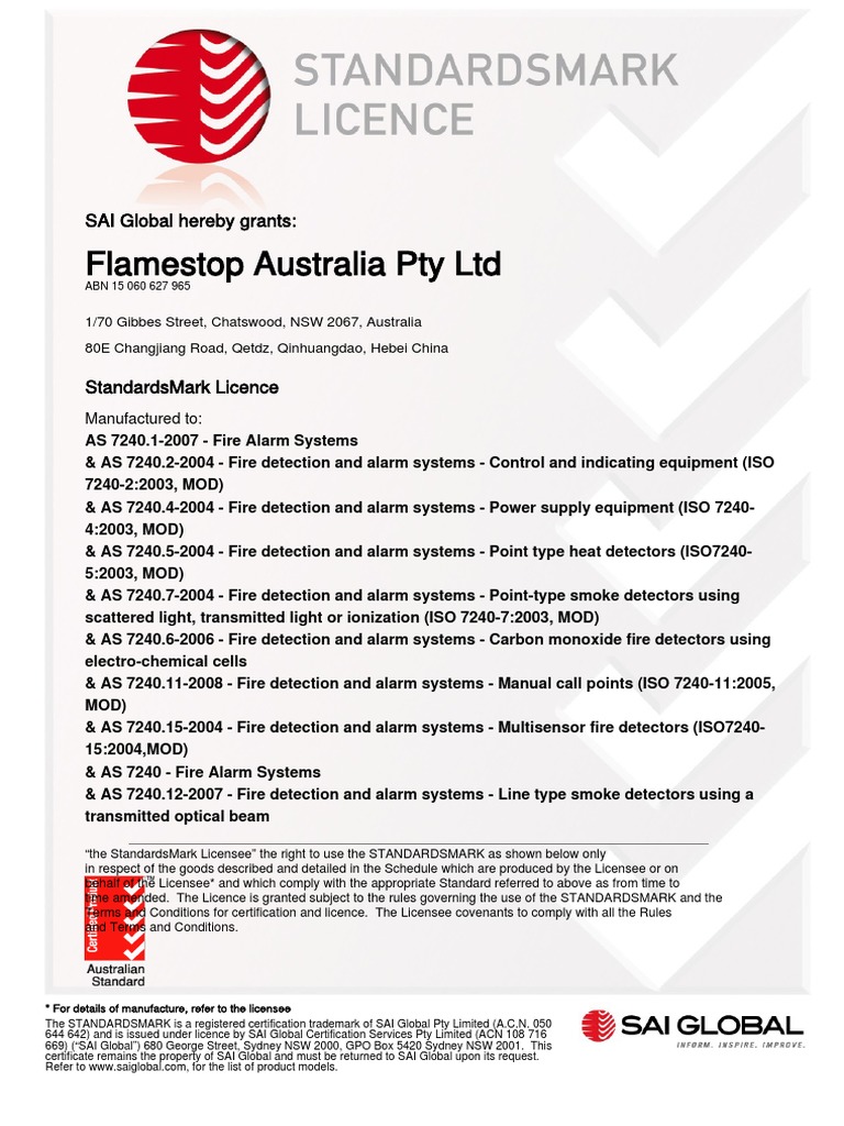 Flamestop StandardsMark Certification | PDF | License | Fire Protection