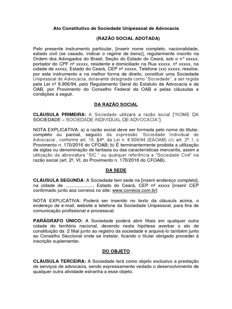 Ato Constitutivo de Sociedade Unipessoal de Advocacia | PDF | Advogado ...