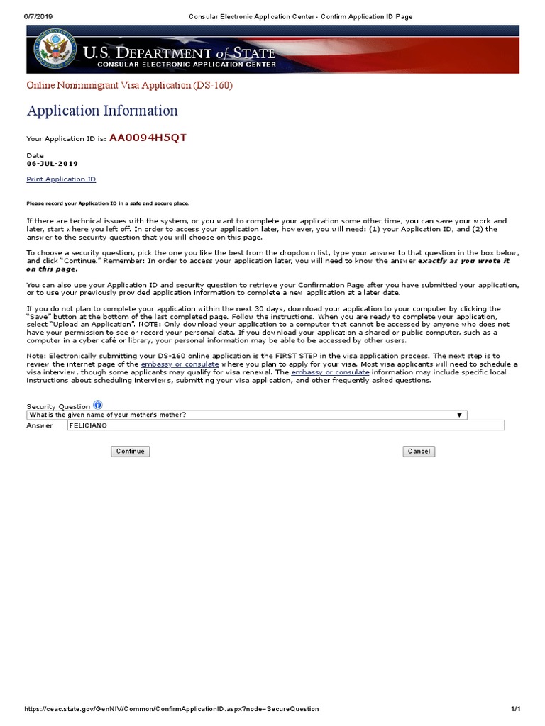 Consular Electronic Application Center Confirm Application ID Page