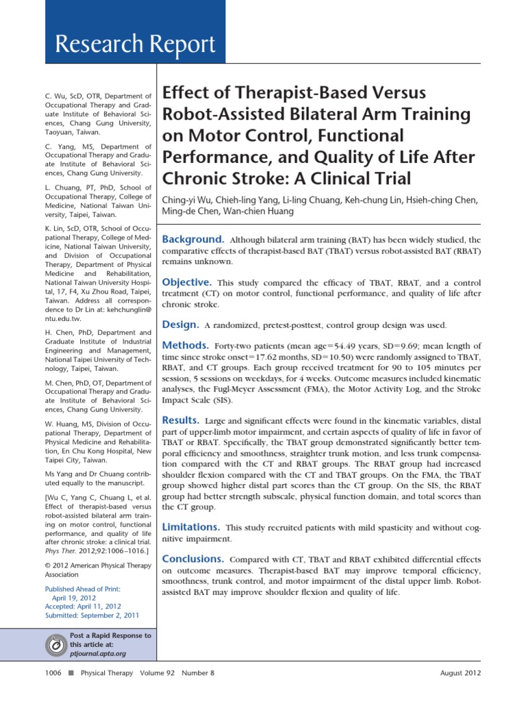 Effect of TherapistBased Versus RobotAssisted Bilateral Arm Training