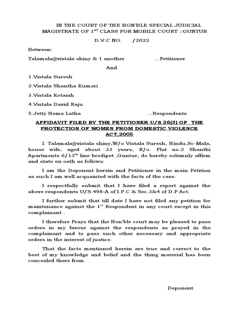 Affidavit filed by the petitioner u s 26 3 of the protection of women