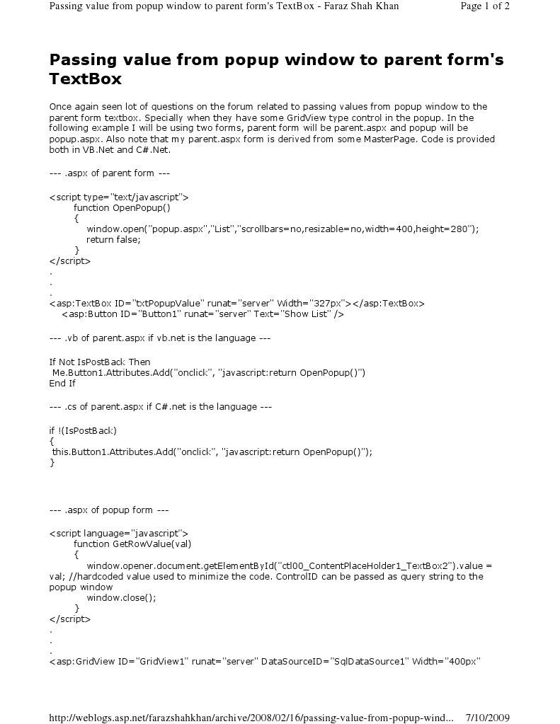 Passing Value From Popup Window To Parent Form TextBox | Download Free ...