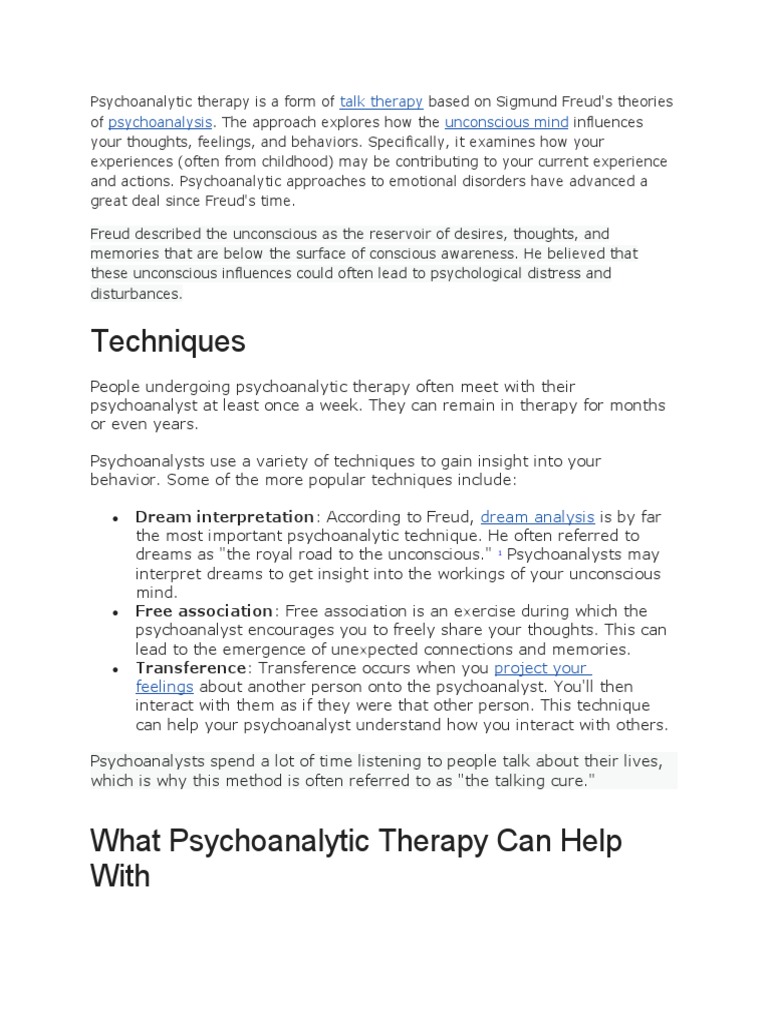 Psychoanalytic Therapy Techniques & Benefits | PDF | Psychoanalysis ...