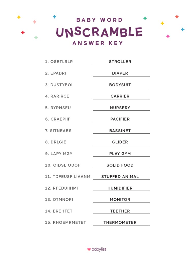 Babylist Baby Shower Games Printable Unscramble Answer Key PDF