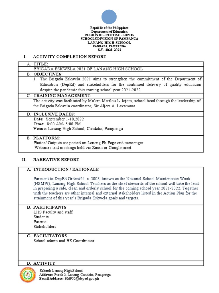 I. Activity Completion Report: Lanang High School S.Y. 2021-2022 | PDF ...