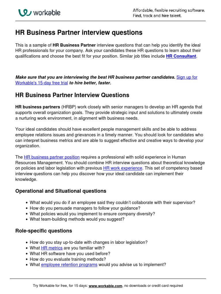 HR Business Partner Interview Questions | PDF | Employment | Employee ...