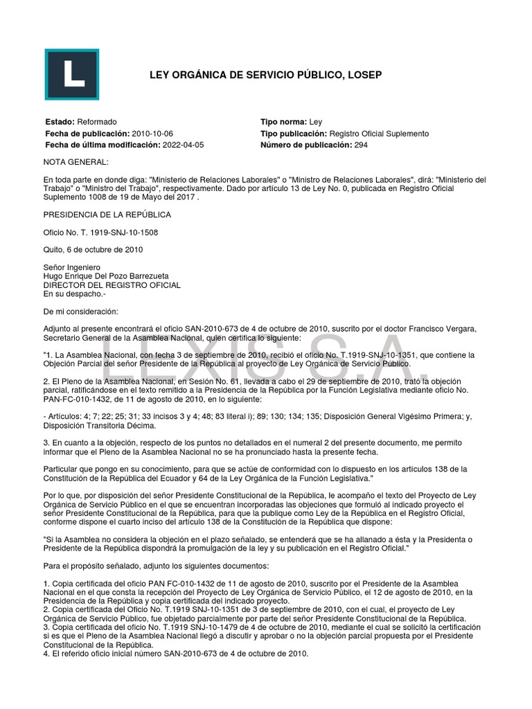 Losep-Ley Organica de Servicio Publico | PDF | Parentesco | Servicio Civil