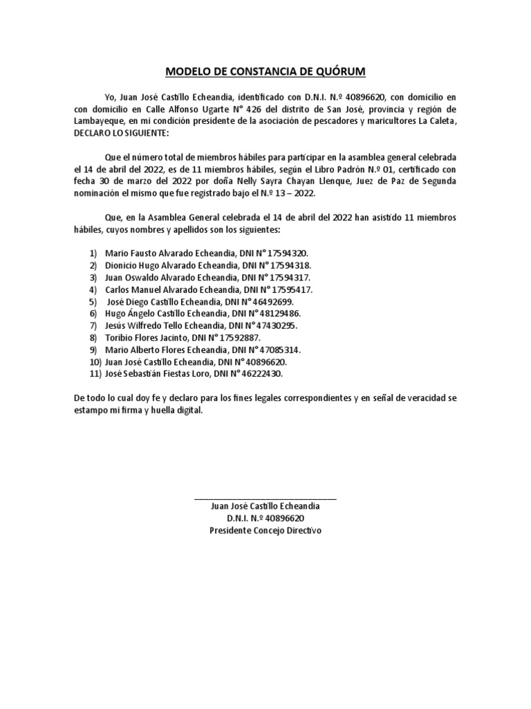 Constancia de Quórum Asamblea 2022 | PDF | Gobierno y personalidad ...