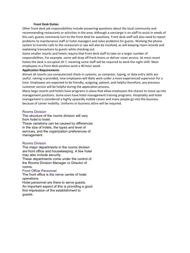 Front Desk Duties Hotel Resort