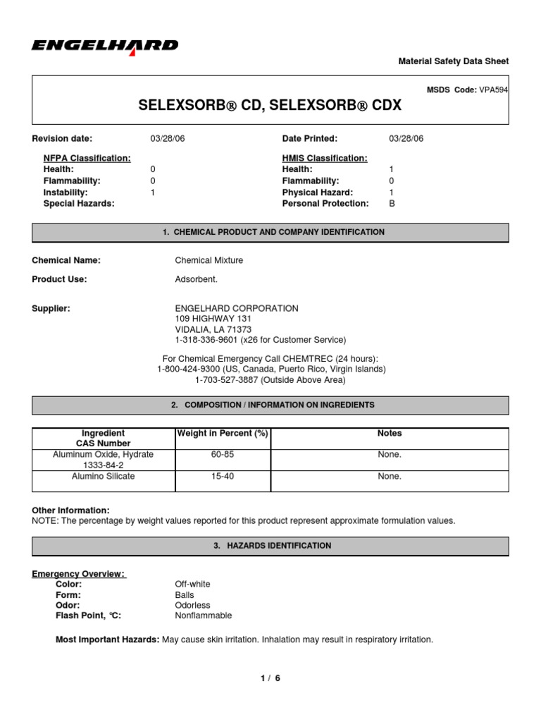 Selexsorb CDX MSDS PDF Toxicity Waste Management