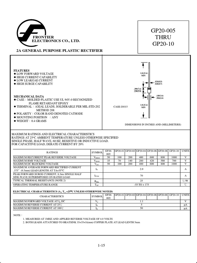 Specification Sheet for General Purpose Plastic Rectifiers Ranging from