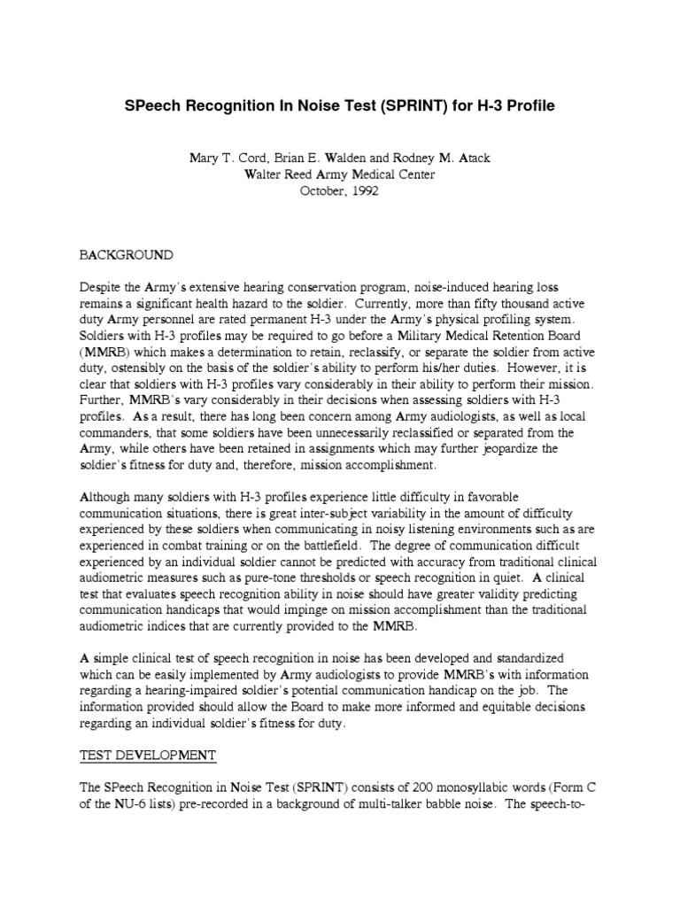 Speech Recognition in Noise Test (Sprint) For H3 Profile PDF