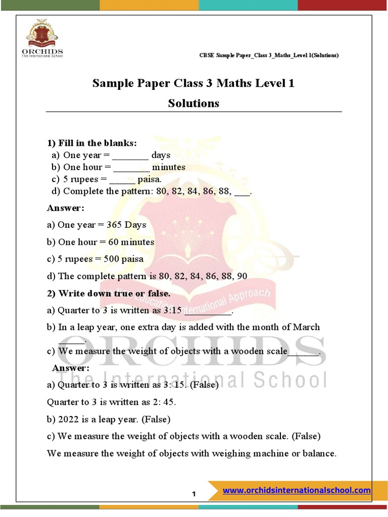 Sample Paper Class 3 Maths Level 1 Solutions 1) Fill in The Blanks