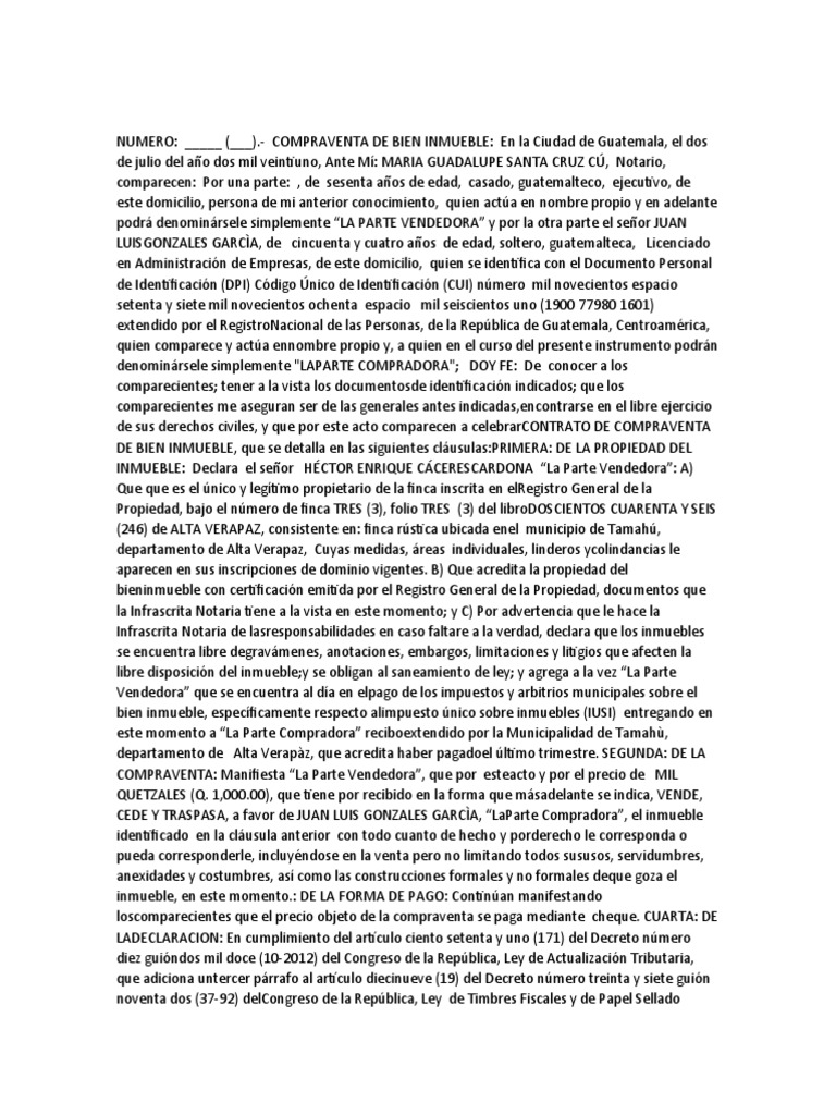 Contrato de Compraventa Inmueble Guatemala | PDF | Justicia | Crimen y ...