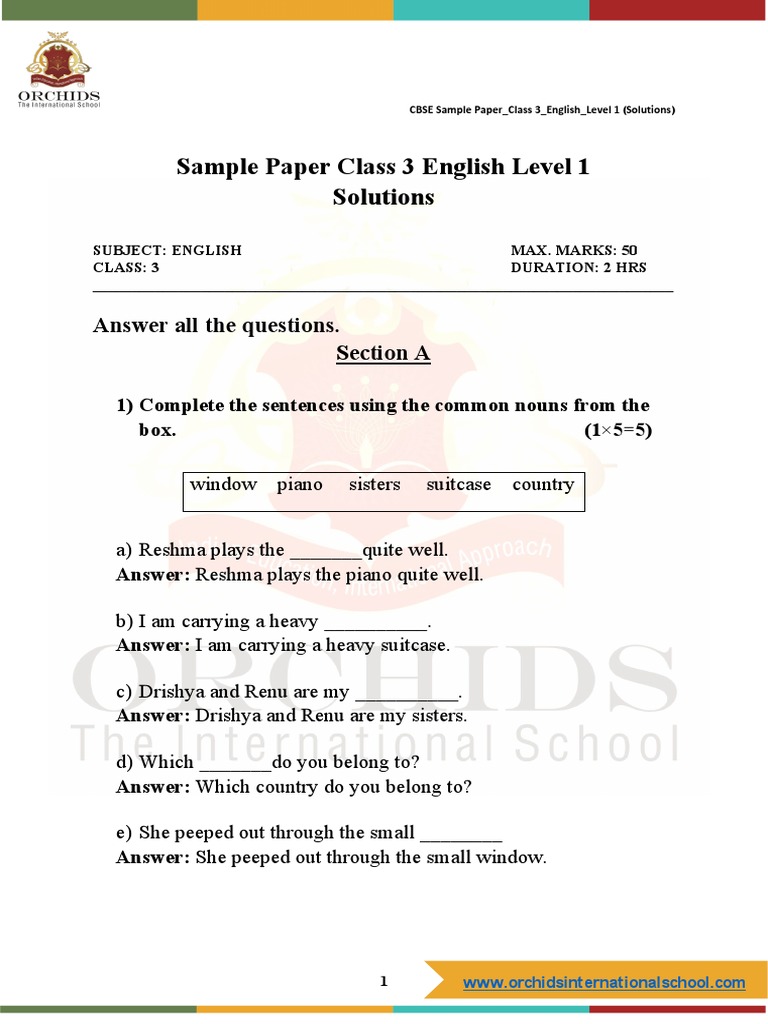 Sample Paper Class 3 English Level 1 Solutions Answer All The