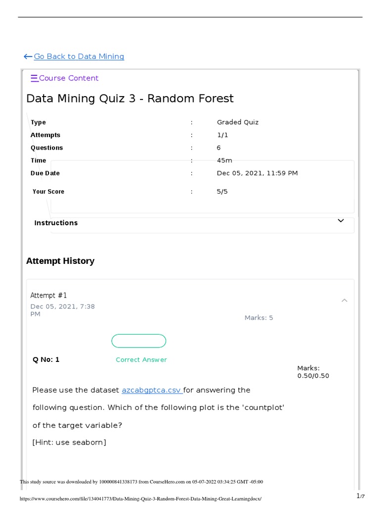 Data Mining Quiz 3 Random Forest Course Content Pdf Receiver