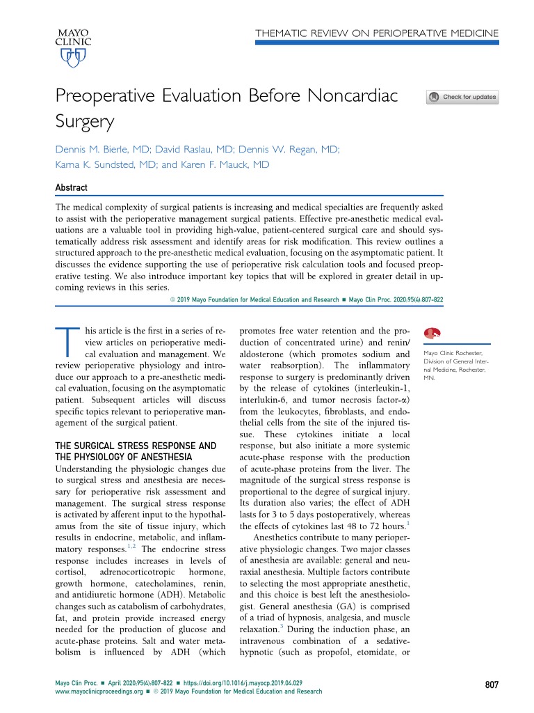 Preoperative Evaluation Before Noncardiac Surgery. | PDF | Myocardial ...