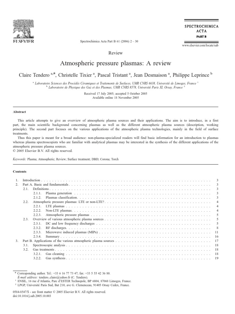 Atmospheric Pressure Plasmas - A Review, PDF, Plasma (Physics)