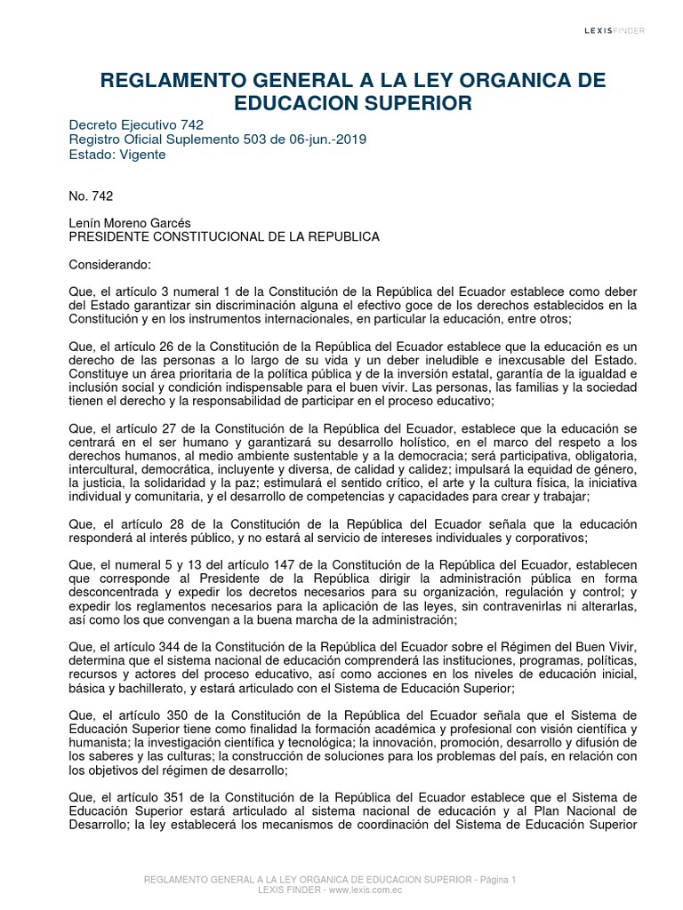 Reglamento Ley Orgánica Educación Superior | PDF | Educación más alta ...