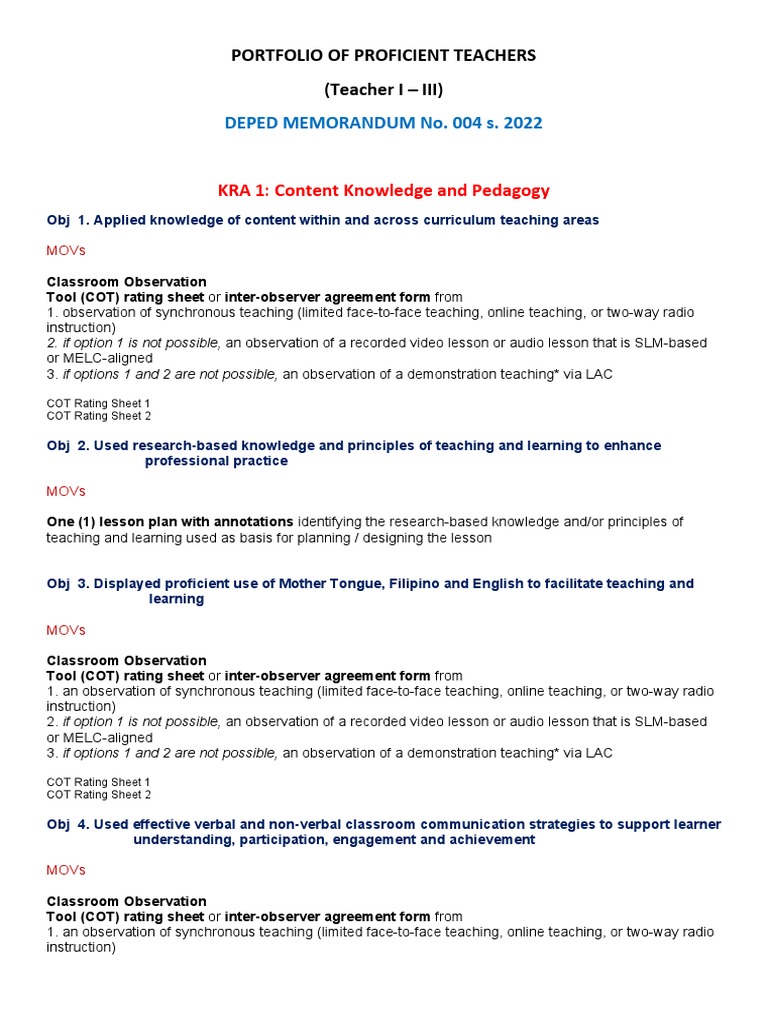 KRA 1: Content Knowledge and Pedagogy: DEPED MEMORANDUM No. 004 S. 2022 ...