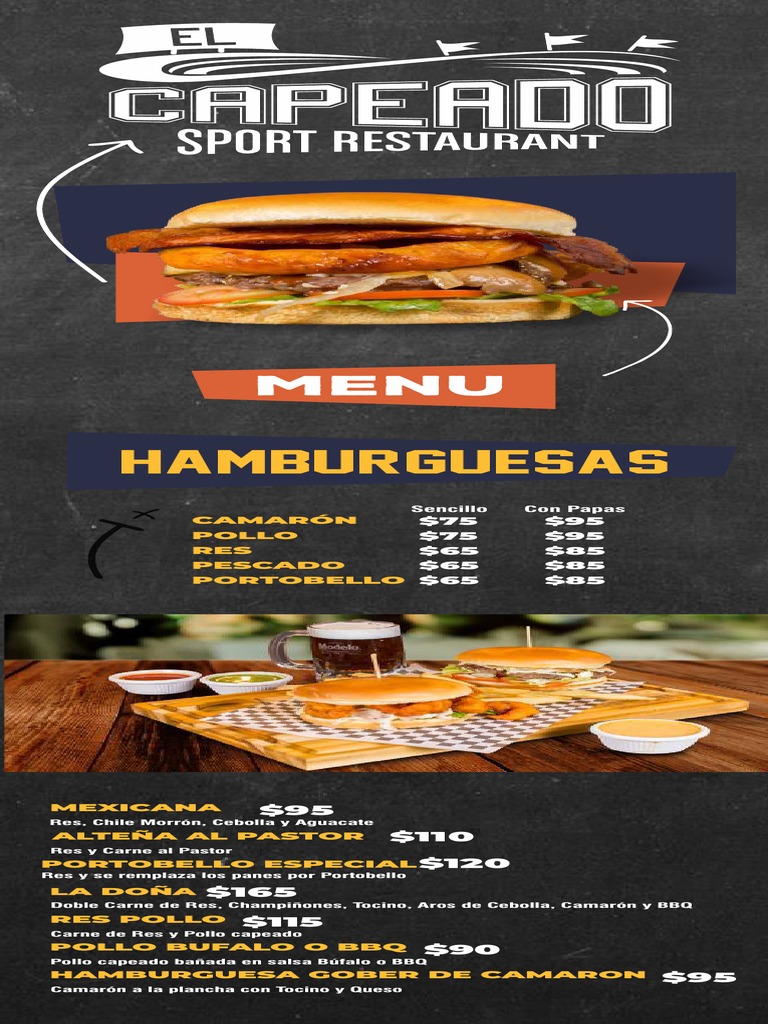 Menú de Hamburguesas y Platillos Capeados | PDF | Hamburguesas | Alimentos