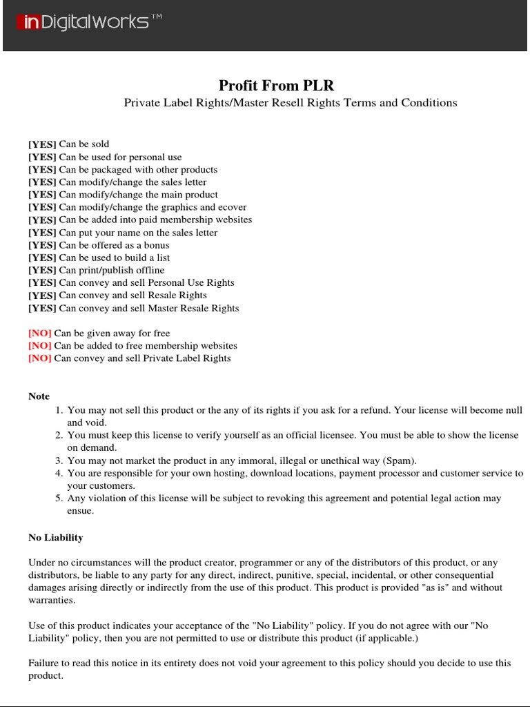 Profit From PLR: Private Label Rights/Master Resell Rights Terms and ...