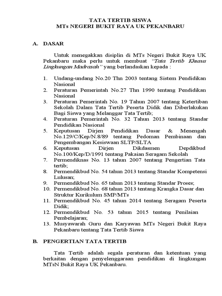Tata Tertib Siswa Mts Negeri Bukit Raya Uk Pekanbaru | PDF