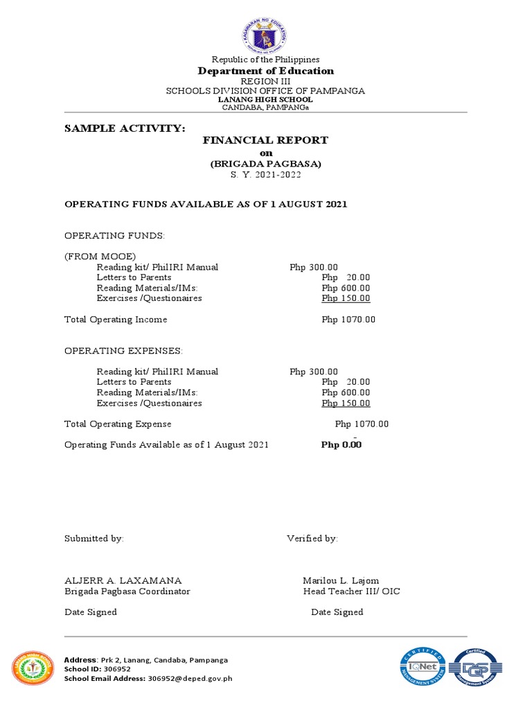Brigada Pagbasa Financial Report 2021 | PDF