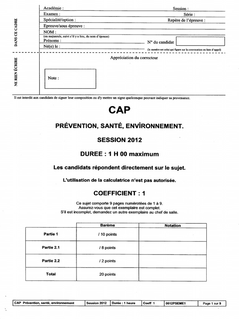 Sujet Examen Pse Cap Pse Cap Petite Enfance Aepe 2012 Annale Sujet | PDF