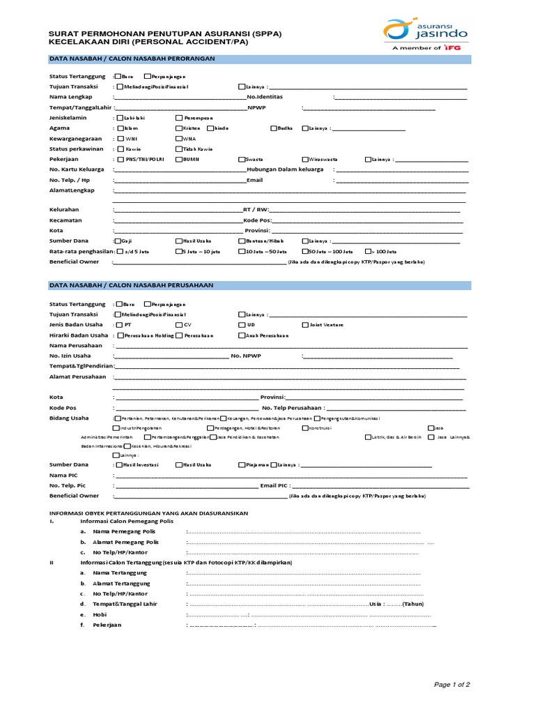Formulir SPPA Asuransi Kecelakaan | PDF | Pengelolaan Keuangan & Uang