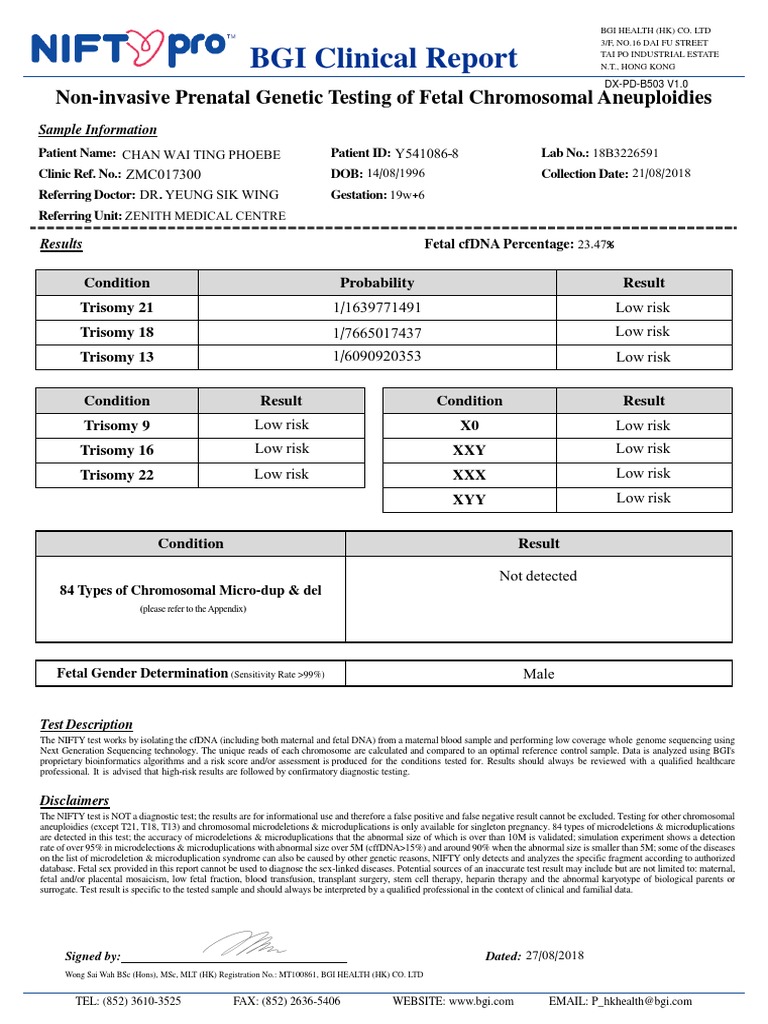 NIFTY Prenatal Genetic Test Report | PDF | Deletion (Genetics) | Cell ...