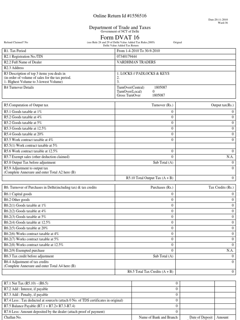 Form DVAT 16: Online Return Id #1556516 Department of Trade and Taxes | PDF